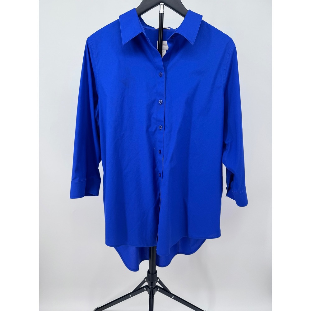 Chicos Cobalt Blue Button Down Tunic Shirt Womens 2 L 3/4 Sleeve High Low